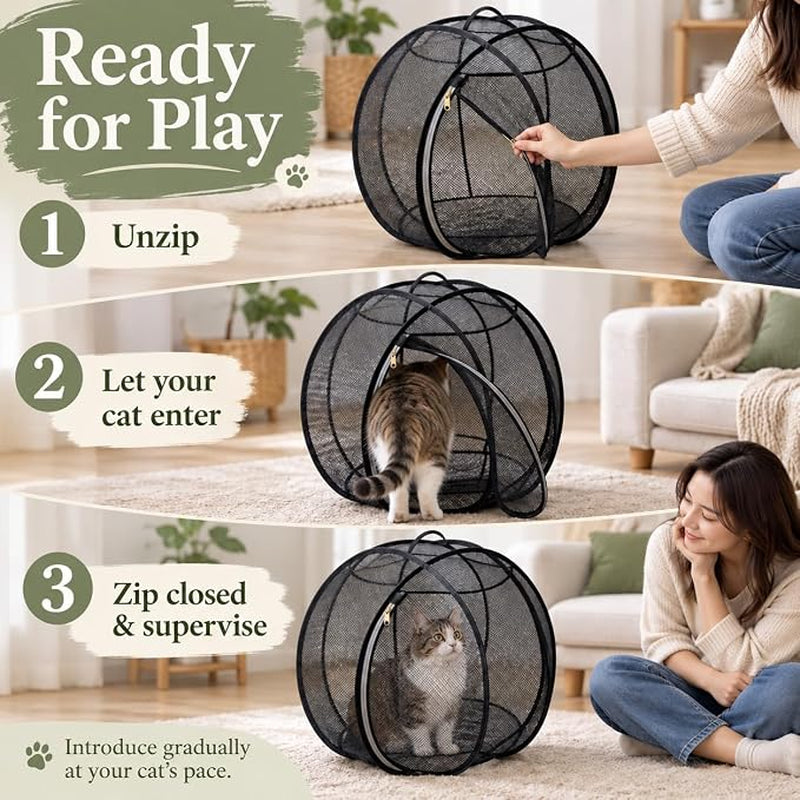 Rolling Cat Playpen with Top Handle, Foldable Mesh, 27.6 in (Black) Black Mesh Cat Playpen with a Top Handle, Zippered Opening and Foldable Design; 27.6 X 27.6 X 27.6 in When Open.