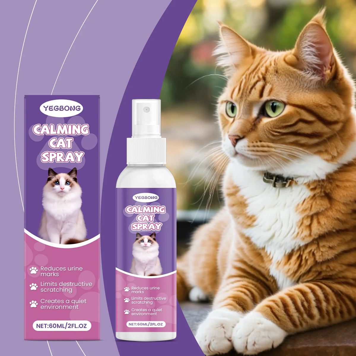 Calming Cat Spray, 60ML Natural Cat Anxiety Relief Spray for Stress & Bad Behavior Correction Product Bullet Points Natural Gentle Formula Crafted with Deionized Water, 1,2-Hexanediol and Matrine, Thi