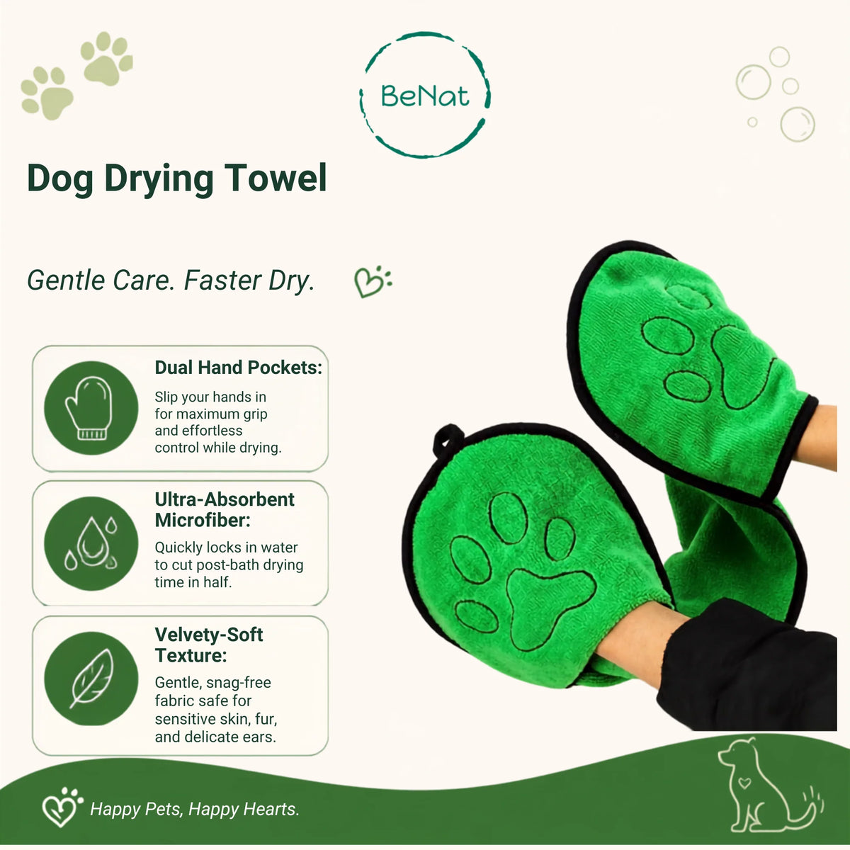 Benat Pets. Dog Bath Towel Double Drop Pocket Design