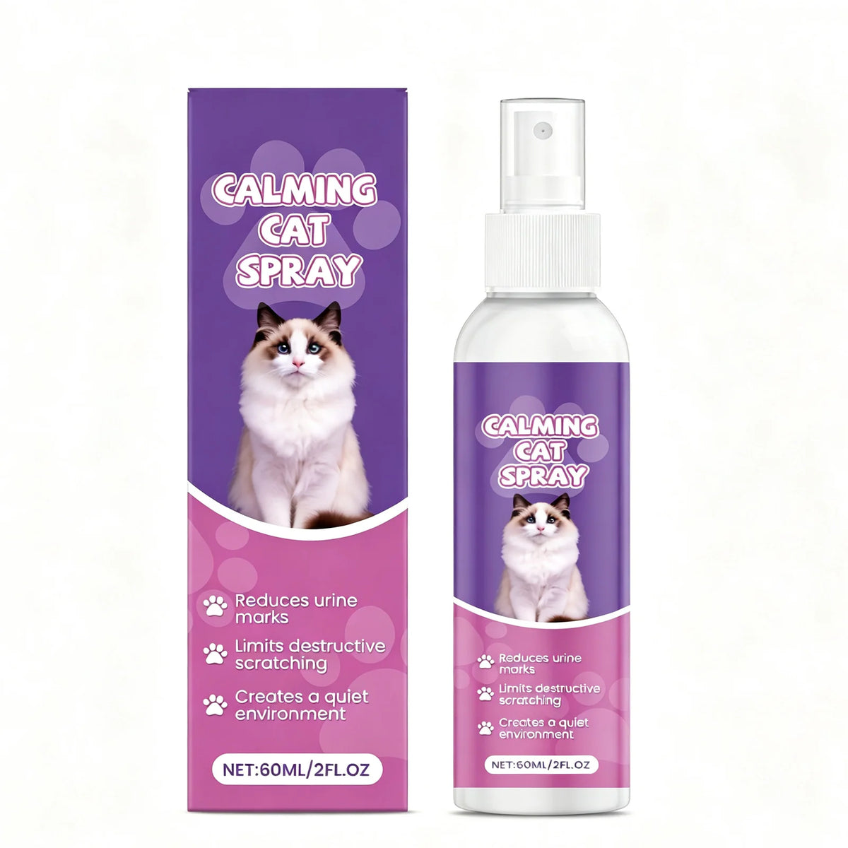 Calming Cat Spray, 60ML Natural Cat Anxiety Relief Spray for Stress & Bad Behavior Correction Product Bullet Points Natural Gentle Formula Crafted with Deionized Water, 1,2-Hexanediol and Matrine, Thi