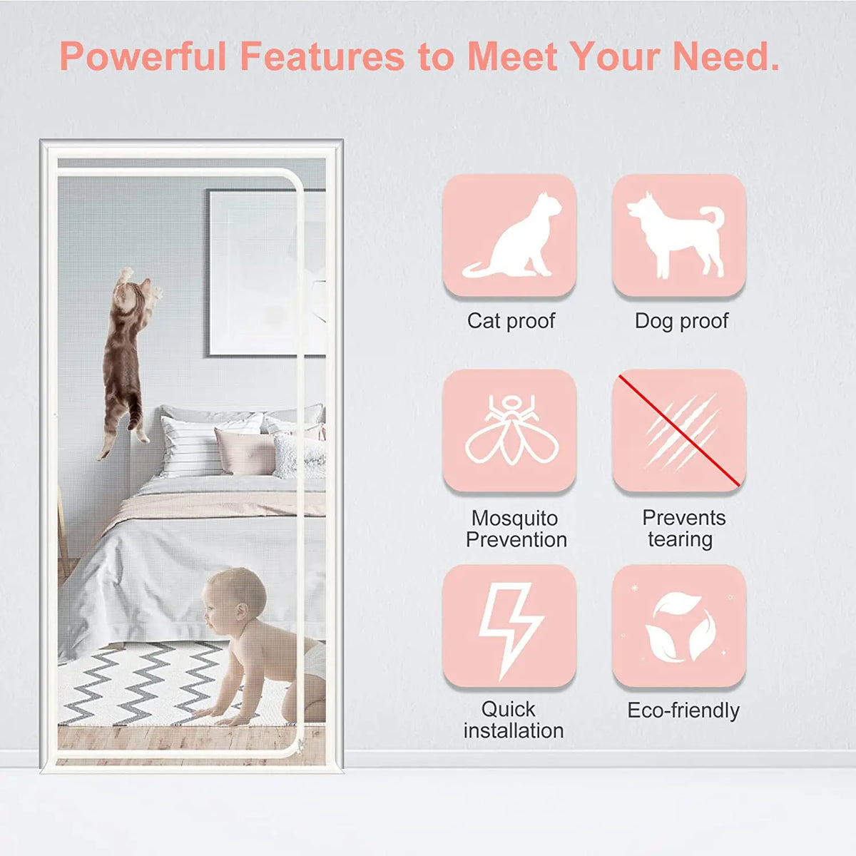 Customized Size Zipper Reinforced Cat Fiberglass Door Screen up & Left Opening Shape Curtain Anti-Mosquito Pet Mesh Door Screen