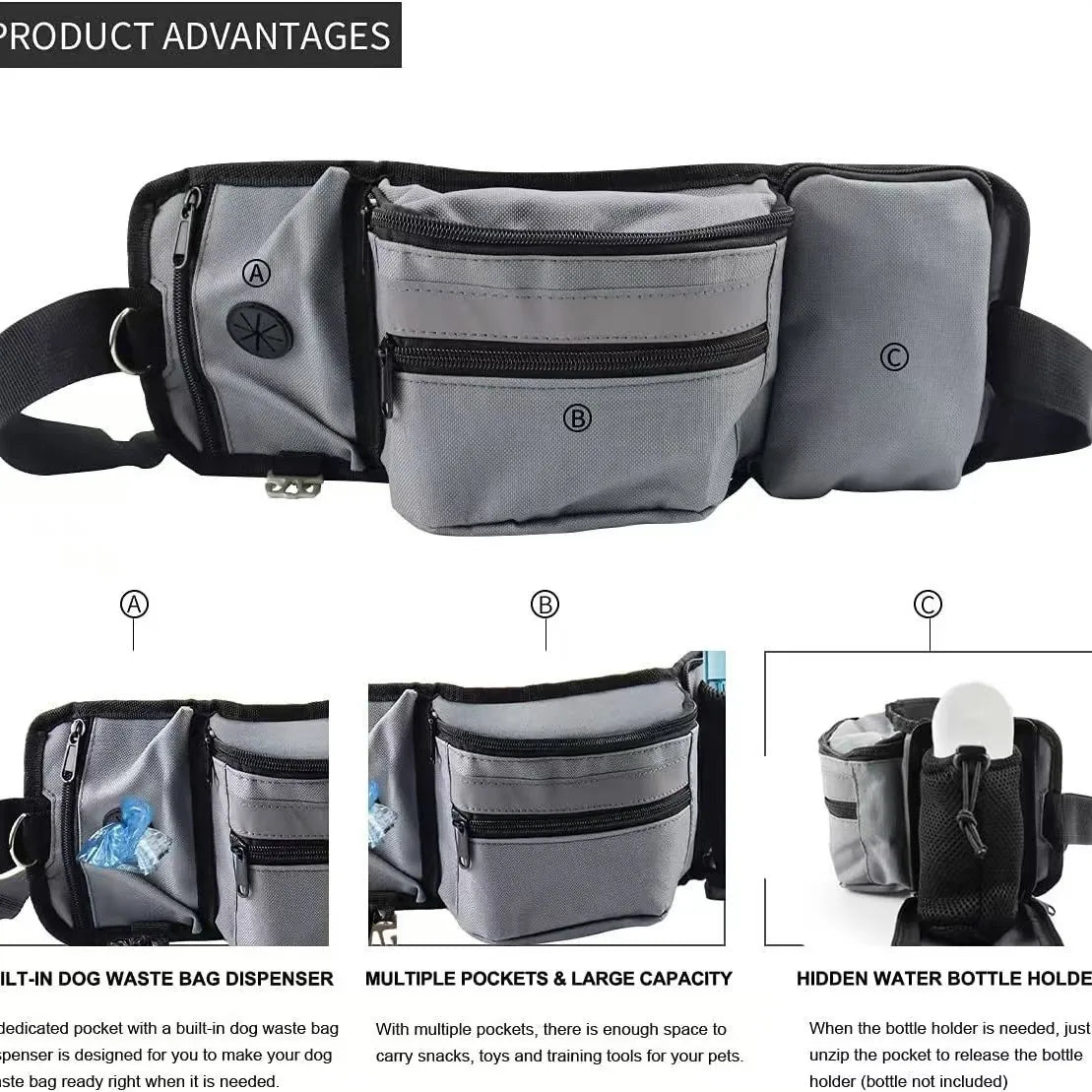 Outdoor Training Waist Bag with Detachable Doggy Training Treat Bag Reflective Waist Pack for Pet Walking, Running Leash Storage
