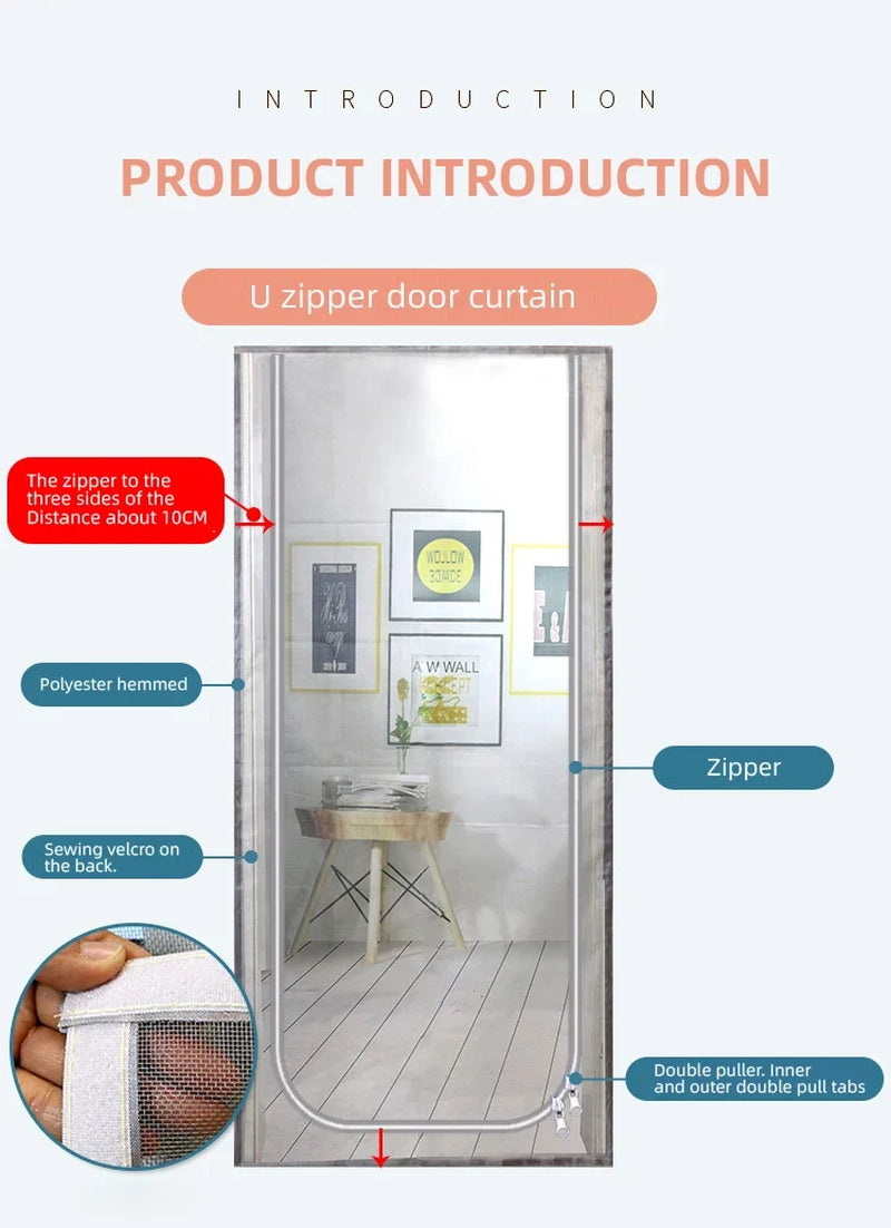 Customized Size Zipper Reinforced Cat Fiberglass Door Screen up & Left Opening Shape Curtain Anti-Mosquito Pet Mesh Door Screen