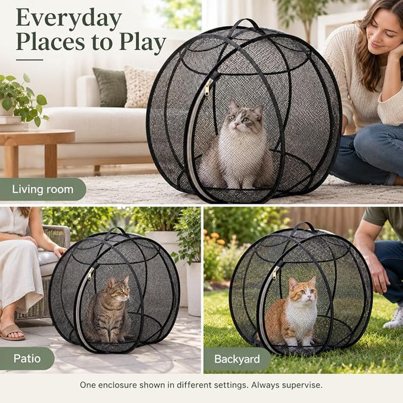 Rolling Cat Playpen with Top Handle, Foldable Mesh, 27.6 in (Black) Black Mesh Cat Playpen with a Top Handle, Zippered Opening and Foldable Design; 27.6 X 27.6 X 27.6 in When Open.