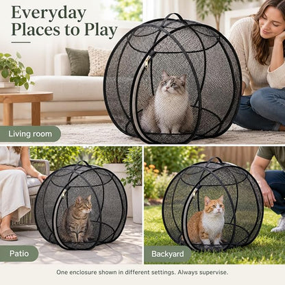 Rolling Cat Playpen with Top Handle, Foldable Mesh, 27.6 in (Black) Black Mesh Cat Playpen with a Top Handle, Zippered Opening and Foldable Design; 27.6 X 27.6 X 27.6 in When Open.