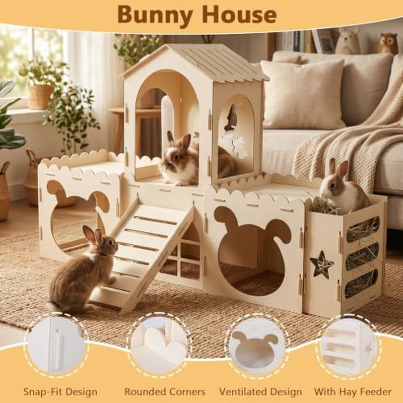 Extra Large Rabbit Castle, Bunny House Indoor, Detachable Hideaway, Hay Rack & Multistory & Ventilated & Sturdy, for Guinea Pig Chinchilla Ferret Rabbit
