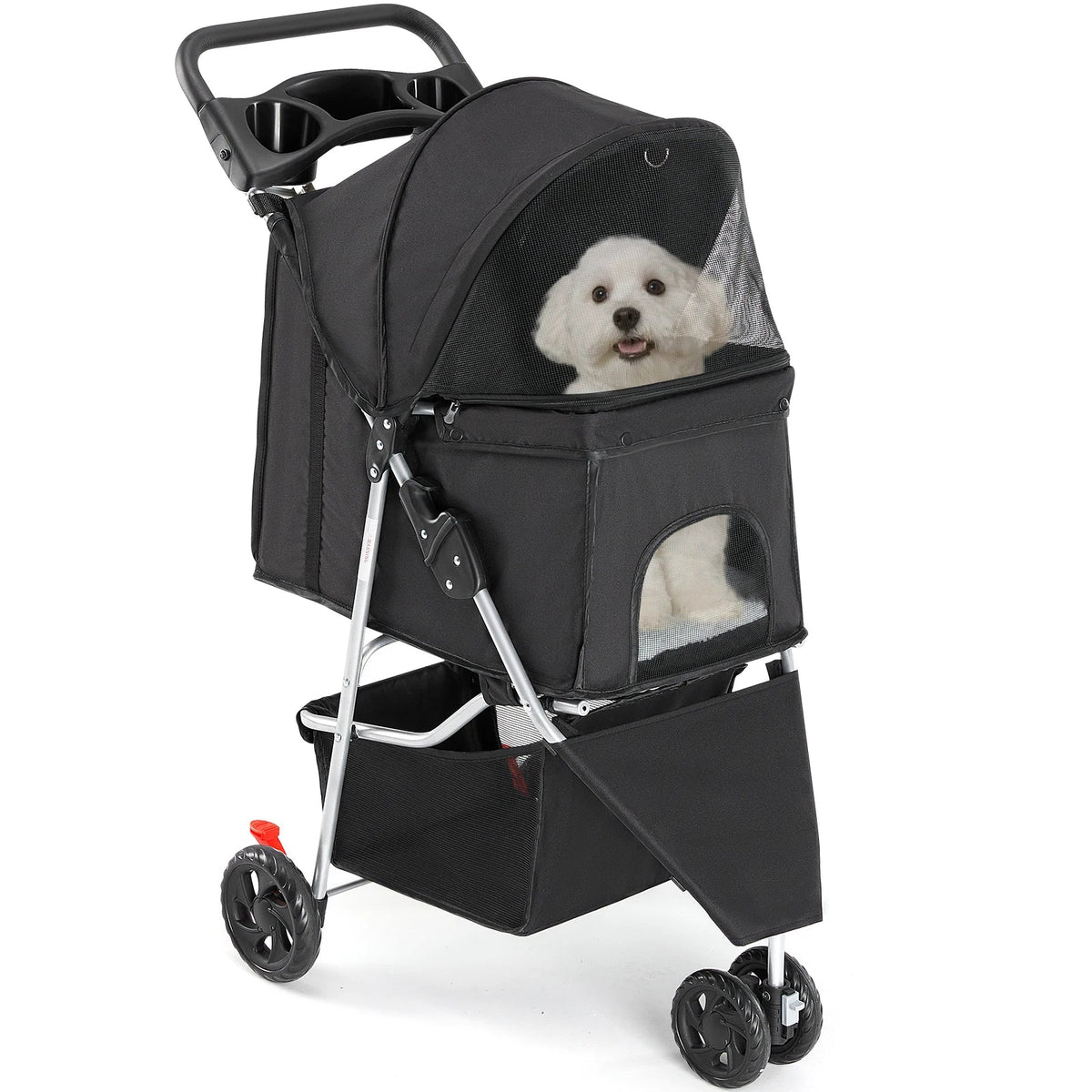 JHK 3 Wheels Foldable Pet Stroller for Small Dogs and Cats Stroller with Mesh Windows Storage Basket Cup Holder for Outdoor Use