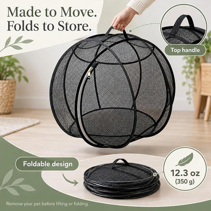 Rolling Cat Playpen with Top Handle, Foldable Mesh, 27.6 in (Black) Black Mesh Cat Playpen with a Top Handle, Zippered Opening and Foldable Design; 27.6 X 27.6 X 27.6 in When Open.