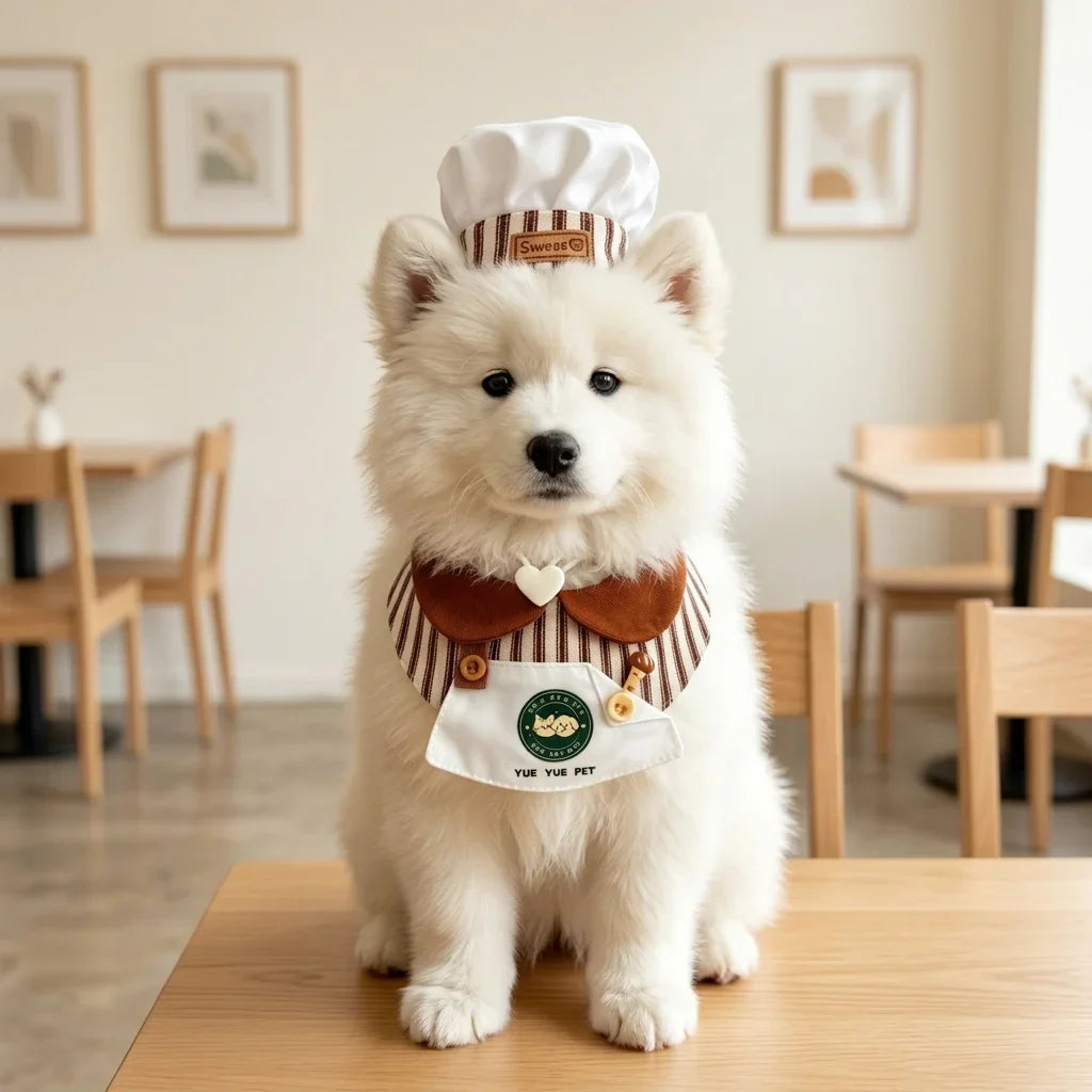 Cute Pet Chef Costume Set with Hat and Bib Collar Role Play Outfit for Dogs Cats Fun Pet Gift Birthday Party Photo Props