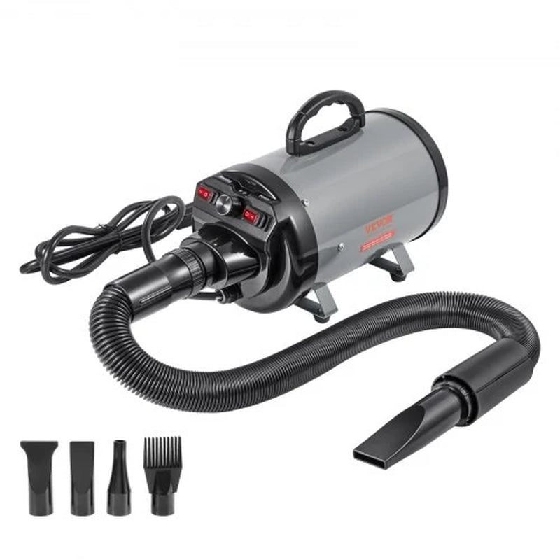 Dog Dryer, 2000W/2.7HP Dog Blow Dryer, Pet Grooming Dryer with Adjustable Speed and Temperature Control, Pet Hair Dryer with 4 Nozzles and Extendable Hose, Grey and Black