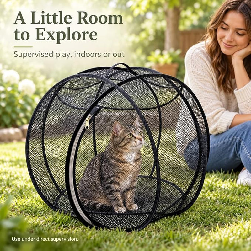 Rolling Cat Playpen with Top Handle, Foldable Mesh, 27.6 in (Black) Black Mesh Cat Playpen with a Top Handle, Zippered Opening and Foldable Design; 27.6 X 27.6 X 27.6 in When Open.