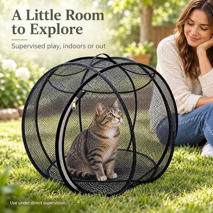 Rolling Cat Playpen with Top Handle, Foldable Mesh, 27.6 in (Black) Black Mesh Cat Playpen with a Top Handle, Zippered Opening and Foldable Design; 27.6 X 27.6 X 27.6 in When Open.