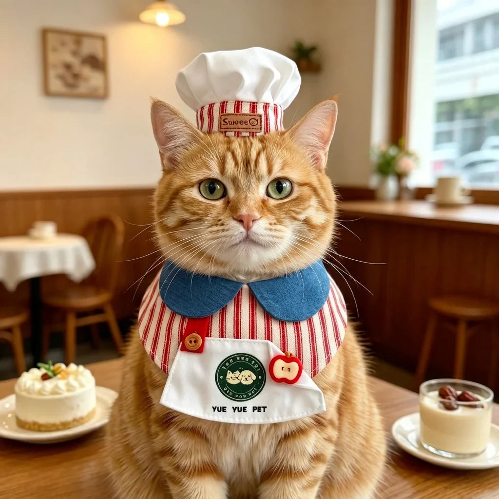 Cute Pet Chef Costume Set with Hat and Bib Collar Role Play Outfit for Dogs Cats Fun Pet Gift Birthday Party Photo Props