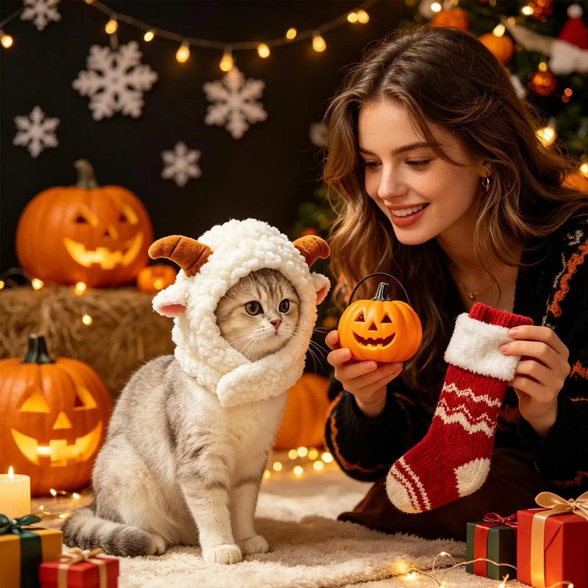 NEW Cat Winter Headwear Cute Sheep Shaped Washable Breathable Kitten Puppy Winter Headwear Covers for Halloween Party Festival