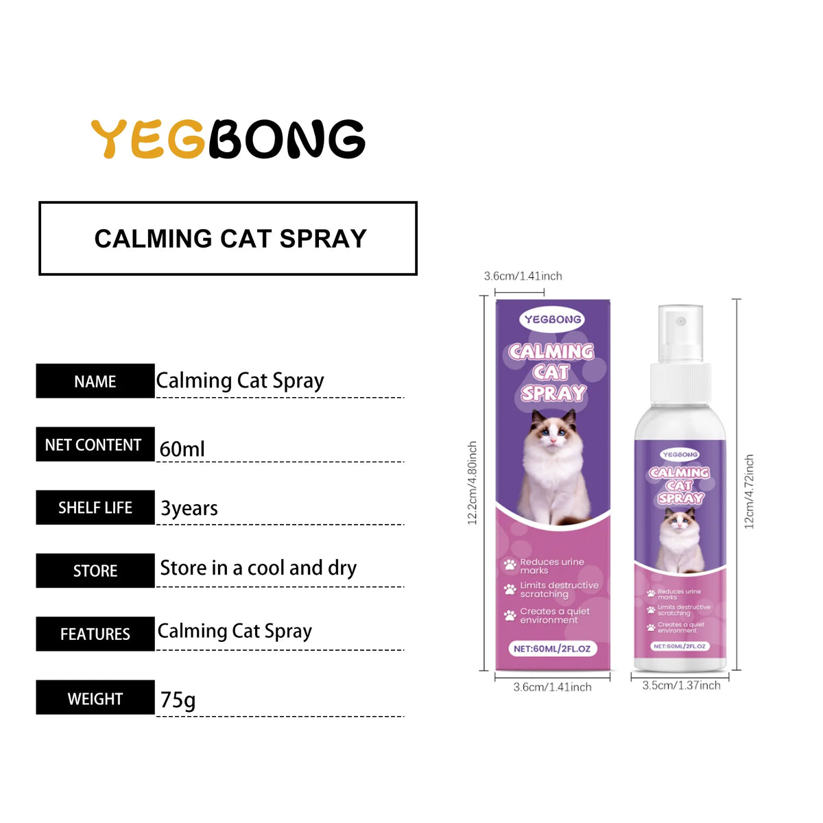Calming Cat Spray, 60ML Natural Cat Anxiety Relief Spray for Stress & Bad Behavior Correction Product Bullet Points Natural Gentle Formula Crafted with Deionized Water, 1,2-Hexanediol and Matrine, Thi